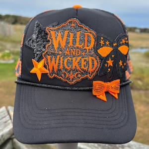 Wild and Wicked Halloween Trucker Hat | Orange & Black Patch Hat | Spooky Glam Hat | Halloween Accessories | Women’s Statement Cap