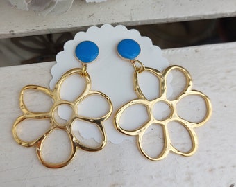 Gold hanging earrings, blue earrings, gold statement earrings, golden statement earrings, flower hanging earrings, large light earrings,