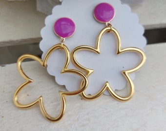 Earrings hanging gold, earrings purple, statement earrings gold, flower earrings hanging, large light earrings, bohemian earrings, statement earrings