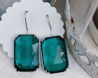 Crystal hanging earrings, green stone earrings, silver earrings with green stone, crystal stud earrings, earrings with crystal