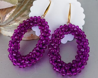 Pearl earrings, glittering earrings, statement earrings purple, trendy earrings, trend gifts for women, long hanging earrings, earrings