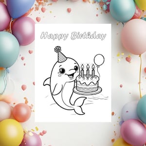 PRINTABLE Happy Birthday Card Coloring Page, Dolphin Birthday Card for Kids