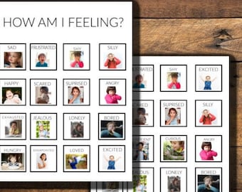 May include: A set of printable emotion cards for toddlers. The cards feature photos of children expressing different emotions, such as sad, happy, scared, surprised, angry, jealous, lonely, bored, hungry, loved, and excited. The cards are labeled with the corresponding emotion. The text "HOW AM I FEELING?" is at the top of the cards.
