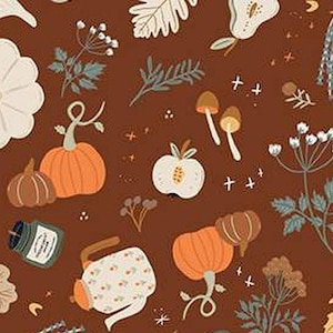 May include: A seamless pattern featuring various autumnal elements on a brown background. The pattern includes pumpkins, gourds, leaves, mushrooms, apples, and sprigs of greenery.