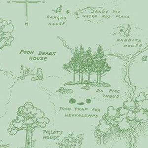 May include: A light green map illustration featuring hand-drawn elements and text. The map includes landmarks such as "Pooh Bears House," "Rabbit's House," and "Six Pine Trees." The style is reminiscent of a children's book.