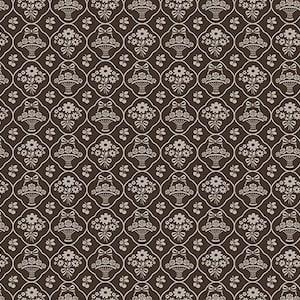 May include: A repeating pattern featuring white floral baskets and bows on a dark brown background. The design has a vintage, ornate style, with each basket containing a variety of flowers. The pattern is symmetrical and detailed.