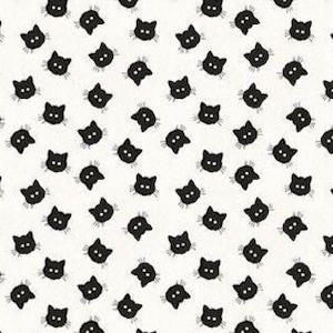 May include: A repeating pattern of black cat faces on a cream-colored background. The cat faces are simple, with triangular ears, round eyes, and a small nose and whiskers. The pattern is evenly spaced and covers the entire surface.