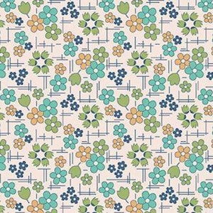 May include: A repeating pattern of stylized flowers in shades of teal, orange, and green on a cream background. The floral design includes small clusters of blue flowers and green leaves, arranged in a grid-like pattern.