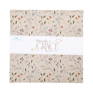 May include: A stack of fabric squares with a floral pattern in beige, green, orange, and blue. The fabric is wrapped with a white band that reads "Threads of Grace" by Riley Blake Designs.