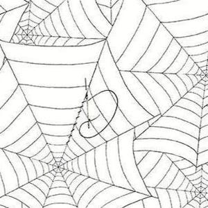 May include: Black and white illustration of multiple spider webs. The webs are drawn with thin black lines against a white background. The design is a repeating pattern of webs.
