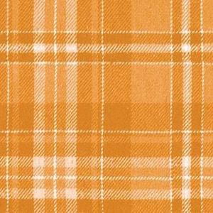 May include: Close-up of a plaid pattern in shades of orange and white. The design features a classic grid of intersecting lines, creating a textured, woven appearance. The warm color palette suggests a cozy, autumnal theme, suitable for textiles or decorative items.