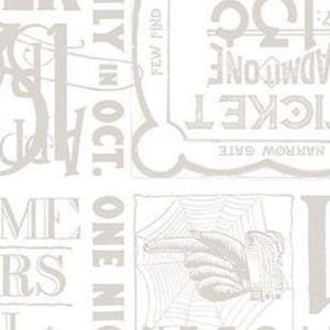 May include: Off-white background with a repeating pattern of vintage-style text and illustrations. The design includes words like "TICKET," "OCT," and "31," along with a hand pointing at a spiderweb. The overall theme is reminiscent of Halloween or vintage ephemera.