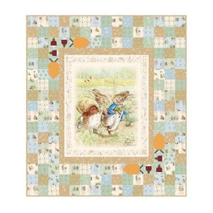 May include: A square quilt featuring a central image of two rabbits running through a field. The image is framed by a patchwork border in shades of blue, green, and tan. Decorative shapes are placed around the central image.