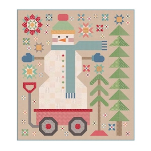 May include: A patchwork quilt design featuring a snowman with a blue scarf and red mittens, riding in a red wagon with black wheels. The background is a tan color with green trees, red and blue flowers, and white snowflakes.
