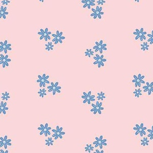 May include: A repeating pattern of small, blue flowers with white centers on a light pink background. The flowers are clustered in groups of three or four, creating a delicate and feminine design.
