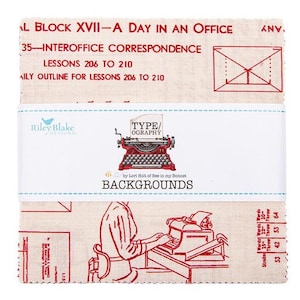 May include: A stack of fabric squares with a vintage office theme. The fabric features red text and illustrations on a cream background, including a typewriter, text that reads "TYPE/OGRAPHY", and the words "BACKGROUNDS".