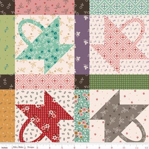 May include: A patchwork quilt design featuring stylized teacups in various colors. The quilt blocks include patterns of flowers, leaves, and geometric shapes in shades of red, green, blue, and brown. The image includes a ruler with inches.