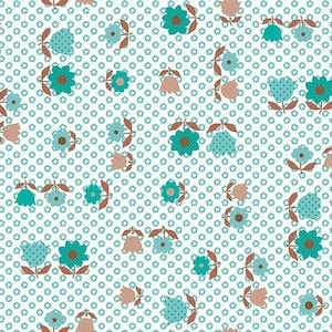 May include: A seamless pattern featuring a white background with a repeating pattern of teal blue flowers and brown stems. The background is covered in a small, repeating pattern of teal blue stars.