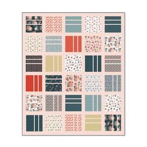 May include: A quilt pattern with a variety of floral and geometric designs in shades of red, blue, and white. The quilt is made up of 36 individual squares.