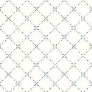 Puede incluir: Un patrón sin costuras con un diseño de cuadrícula de diamantes repetitivo. La cuadrícula está compuesta por pequeñas formas florales y puntos de color verde azulado claro, sobre un fondo color crema. El patrón crea una apariencia delicada y texturizada.