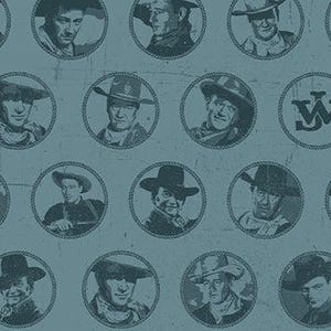 May include: A repeating pattern of vintage cowboy portraits in circular frames on a teal background. Each portrait is a black and white illustration of a man wearing a cowboy hat. The design includes a "JW" logo.