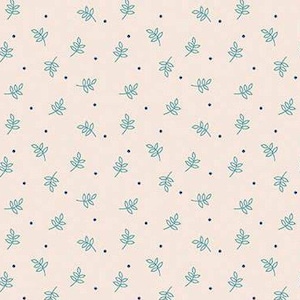 May include: A seamless pattern featuring small teal blue leaves and dark blue dots on a light pink background.