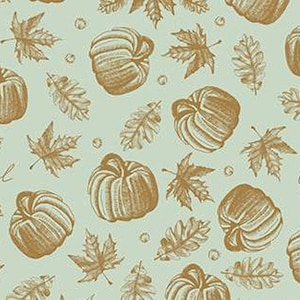May include: A seamless pattern featuring gold pumpkins and leaves on a light blue background. The text "Grateful" and "Thankful" is written in a script font.