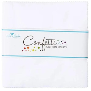 May include: A stack of white fabric squares, bound by a band with the text "Confetti Cotton Solids" and the Riley Blake Designs logo. The band has a light blue border and colorful confetti-like dots.