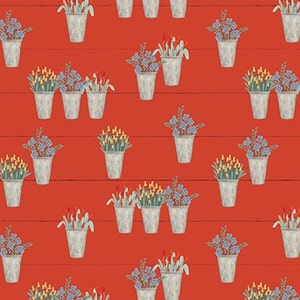 May include: A seamless pattern featuring various types of flowers in small metal buckets against a red background. The flowers are in shades of blue, yellow, and red.