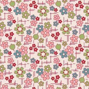 May include: A repeating pattern of stylized flowers in pink, green, and blue on a cream background. The floral design includes small clusters of red flowers and green leaves, set against a grid of thin red lines.