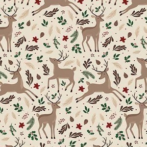 May include: A repeating pattern on a light beige background featuring brown deer in various poses, interspersed with green holly leaves, red berries, brown pinecones, and tan pine needles. The design elements are evenly distributed throughout.