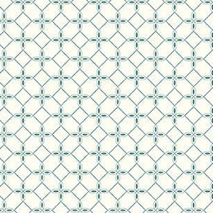 Puede incluir: Un patrón sin costuras con un diseño repetitivo de líneas blancas que forman una cuadrícula con una pequeña flor azul verdosa en cada cuadrado.