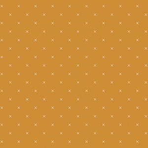 May include: A seamless pattern of white X's on a solid mustard yellow background.