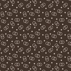 May include: A seamless pattern featuring a repeating design of interlocking circles and small dots on a brown background.