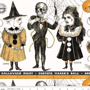 May include: Halloween-themed fabric featuring vintage illustrations of costumed figures. A witch, skeleton, and clown are depicted in black, orange, and yellow. The text "HALLOWEEN NIGHT • COSTUME MAKER'S BALL" is printed across the bottom. The fabric is 12 inches wide.