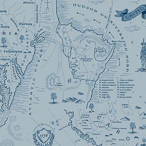 May include: A detailed map illustration in shades of blue, featuring geographical details, text, and illustrations. The map includes the text "UNITED" and "1776", with place names like "Albany" and "Philadelphia".