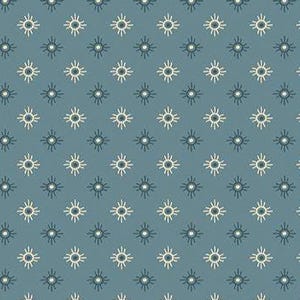 May include: A repeating pattern of stylized sunburst designs in off-white and dark teal on a muted teal background. The sunbursts are evenly spaced, creating a symmetrical and visually appealing design. This pattern is suitable for fabric or wallpaper.