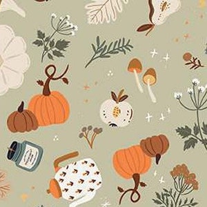 May include: A seamless pattern featuring a variety of autumnal elements, including pumpkins, mushrooms, leaves, and a teapot. The background is a muted green color, and the pattern is perfect for fall-themed crafts and projects.