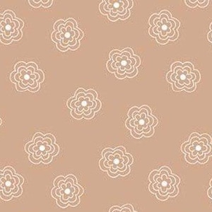 May include: A seamless pattern featuring white stylized flowers on a light brown background.