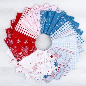 May include: A circular arrangement of folded fabric squares featuring a variety of patterns in red, white, and blue. The collection includes gingham, stripes, and floral motifs, showcasing a cohesive color palette of patriotic shades.