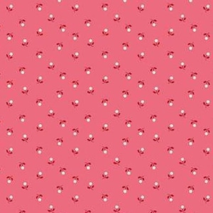 May include: A pink fabric with a repeating pattern of small white flowers with red stems.
