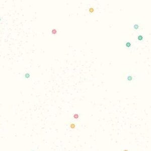 Puede incluir: Fondo blanquecino salpicado de diminutos puntos claros. Varias formas florales pequeñas y estilizadas en colores pastel, incluyendo rosa, amarillo y turquesa, están espaciadas uniformemente sobre la superficie. El diseño general es delicado y aireado.