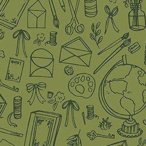 May include: A green and white patterned fabric with various illustrations of stationery and craft supplies, including scissors, paintbrushes, envelopes, a globe, a spool of thread, a key, a bow, and a jar of flowers.