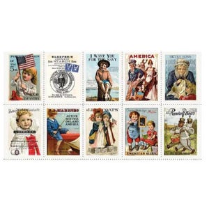 May include: A sheet of vintage-style postage stamps featuring various illustrations and text. The stamps depict children, historical figures, and patriotic themes. The stamps include text such as "I Want You For The Navy" and "America".