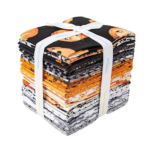 May include: A stack of Halloween-themed fabric squares, tied with a white ribbon. The fabric features pumpkin, skull, and other spooky designs in black, orange, and white. The ribbon has text that reads "Riley Blake Designs".