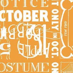 May include: Orange background with white text that reads "NOTICE OCTOBER BRING APPLE COSTUME ON" in various fonts. Decorative elements include a ticket and a spider web, suggesting a Halloween theme.