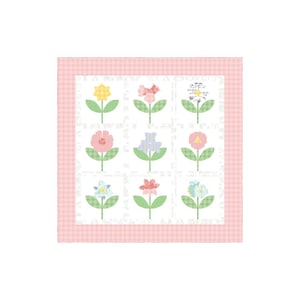 May include: A floral pattern design featuring nine stylized flowers in various colors, including yellow, pink, and blue, with green stems and leaves. The flowers are arranged on a white background with a pink gingham border.