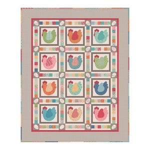 May include: A colorful quilt featuring a repeating pattern of chickens in various colors, including green, orange, pink, and blue. The chickens are set within square frames, surrounded by decorative borders and egg motifs. The quilt has a neutral gray border.