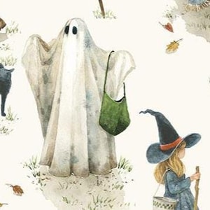 May include: Watercolor illustration featuring a ghost figure with a green bag, a black cat, and a young witch in a blue dress and hat. The scene has a Halloween theme with autumn leaves scattered around.
