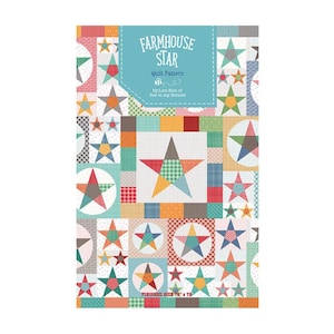 May include: A quilt pattern called "Farmhouse Star" by Lori Holt of Bee in My Bonnet. The pattern features a colorful patchwork design with stars and geometric shapes.
